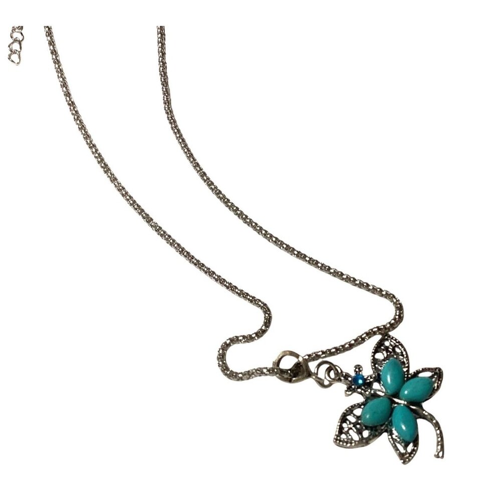 Silver Chain Necklace With Turquoise Butterfly Pendant & Adjustable Clasp